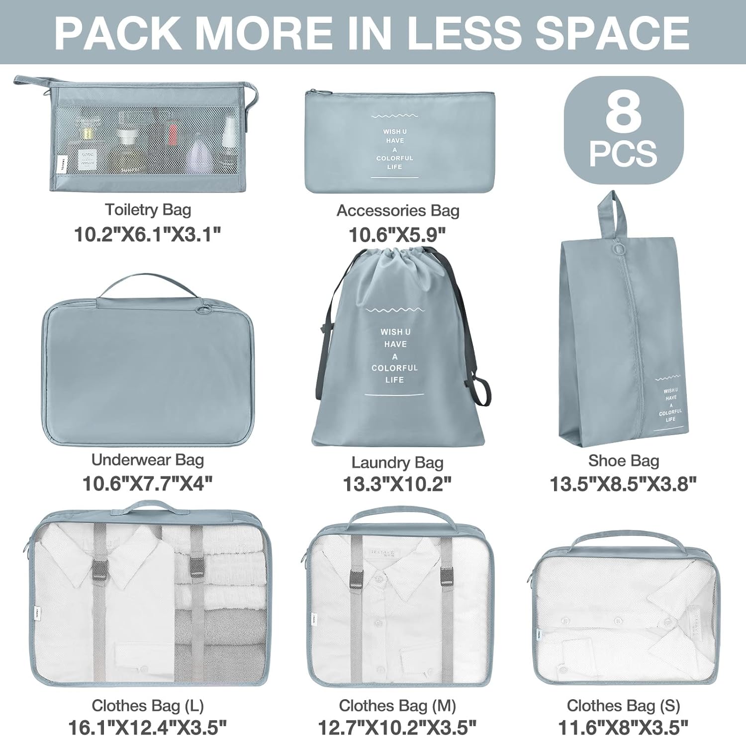 8 Pack Luggage Packing Organizers Packing Cubes Waterproof Suitcase Organizer Bags Travel Packing Organizers (Gray) - Image 2