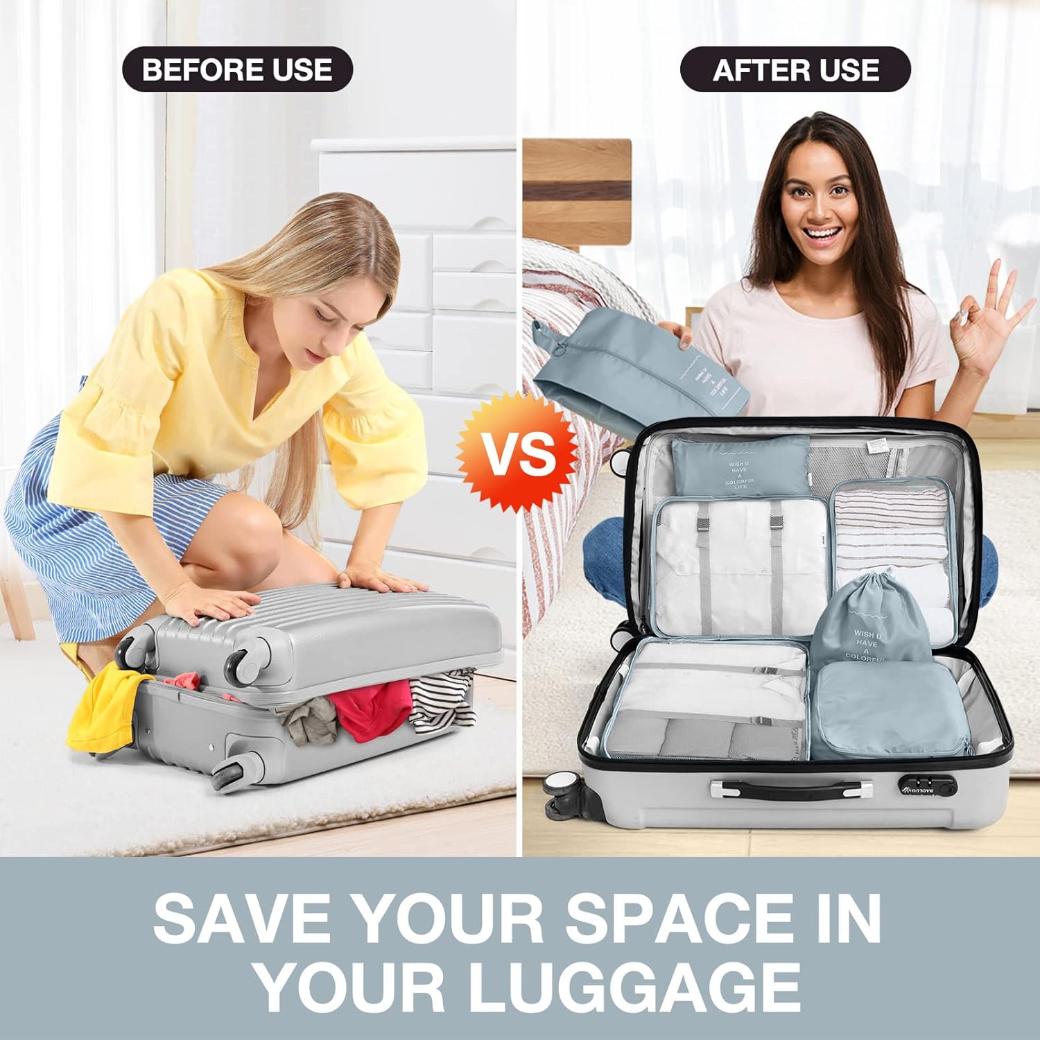 8 Pack Luggage Packing Organizers Packing Cubes Waterproof Suitcase Organizer Bags Travel Packing Organizers (Gray) - Image 4