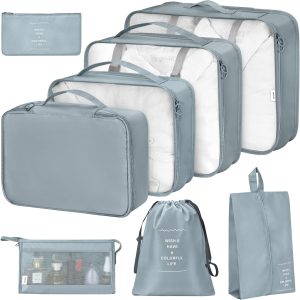 8 Set Packing Cubes for Suitcases,Packing Cubes with Shoe Bag, Cosmetics Bag, Clothing Bag, Accessories Bags Packing Cubes for Travel Luggage Organizer Women Men(Blue-Grey)