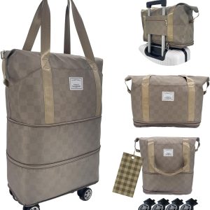 Expandable foldable duffel bag suitcase, detachable rolling wheels,carry-on large duffel bag,luggage bag,suit gym,camping,travel or business trip,Presents for wife,parents-Checkerboard(KHAKI)